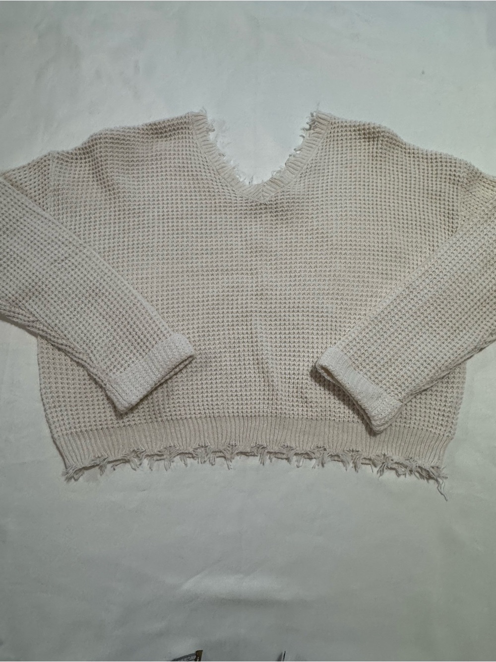 moon & madison Cream Distressed V-Neck Waffle Sweater